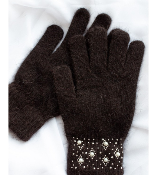 Темно-коричневі вовняні рукавички зі стразами на манжетах