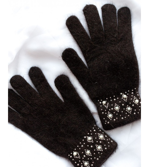 Темно-коричневі вовняні рукавички зі стразами на манжетах