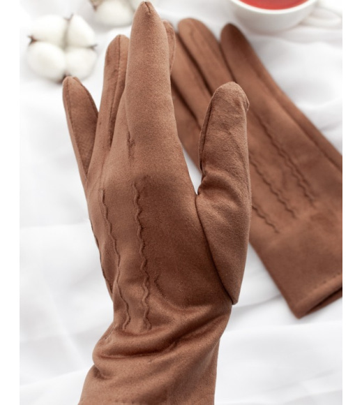 Коричневі рукавички з еко-замші на хутрі