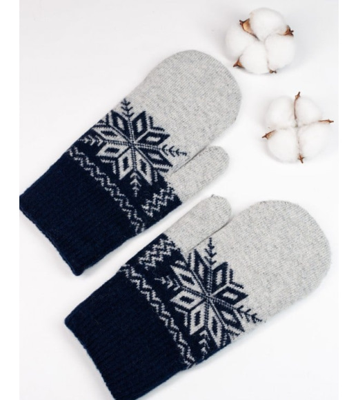 Синьо-сірі вовняні рукавиці зі сніжинкою