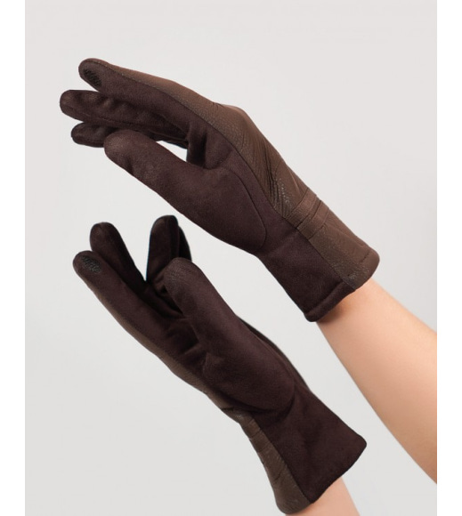 Коричневі замшеві теплі рукавички з фактурною вставкою