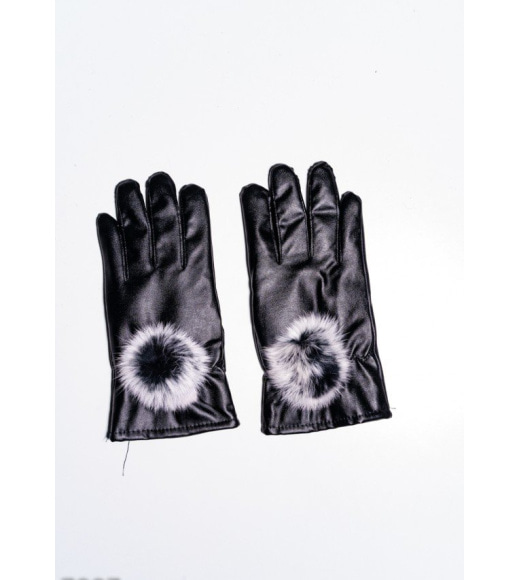 Чорні рукавички з еко-шкіри декоровані хутряними помпонами