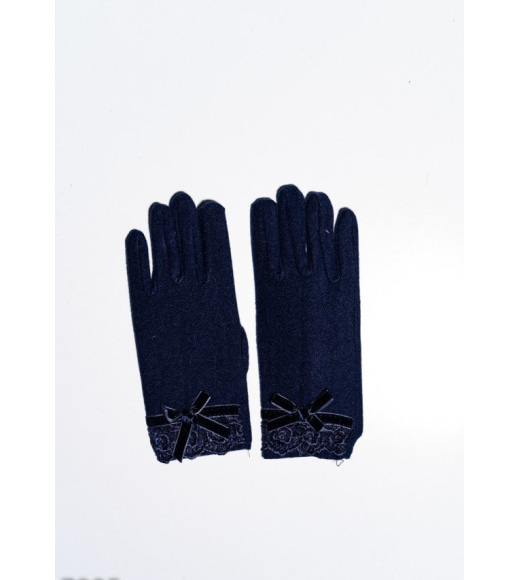 Темно-сині тонкі флісові рукавички з мереживом і бантом на манжеті