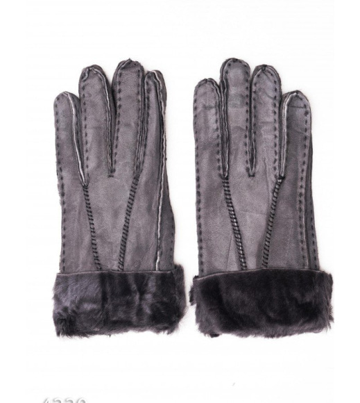 Сірі грубі шкіряні рукавиці з хутряними манжетами