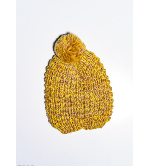 Желтая меланжевая шерстяная вязаная шапка с помпоном