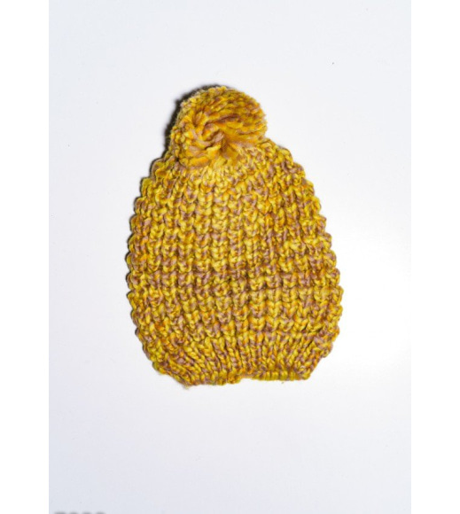 Желтая меланжевая шерстяная вязаная шапка с помпоном