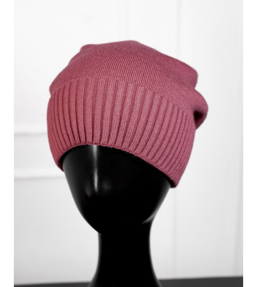 Темно-розовая утепленная флисом шапка с отворотом