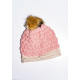 Рожева вовняна шапка фактурної в`язки з помпоном і аплікацією на манжеті
