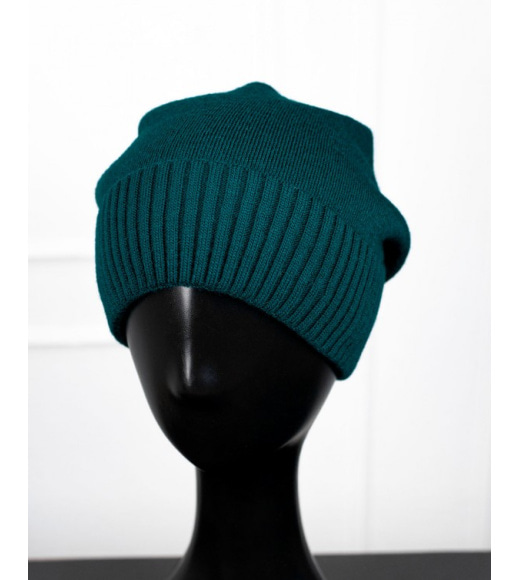 Зеленая утепленная флисом шапка с отворотом