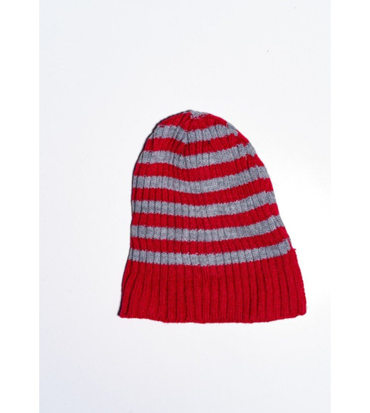 Червоно-сіра в`язана шапка з манжетом