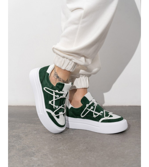 Бело-зеленые комбинированные кеды со шнуровкой