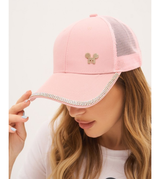 Розовая комбинированная кепка со стразами