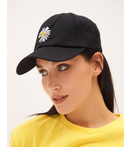 Чорна бавовняна кепка з квітковою вишивкою