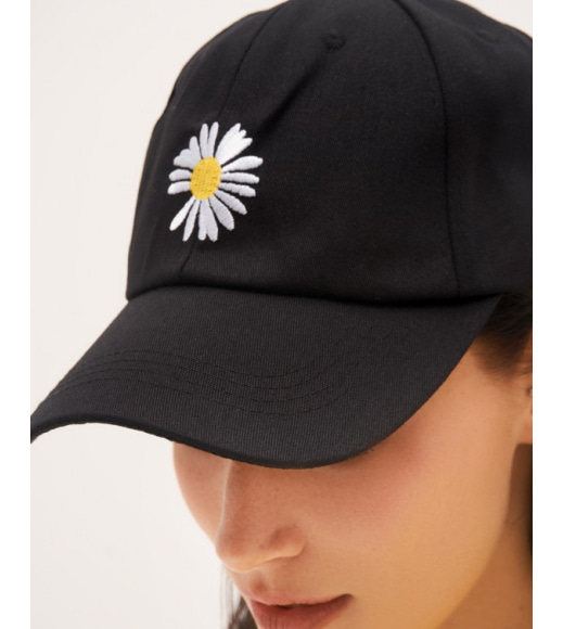 Чорна бавовняна кепка з квітковою вишивкою