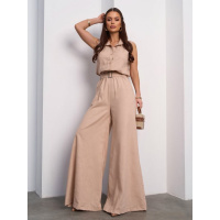 Льняной бежевый комбинезон с брюками палаццо