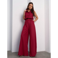 Льняной темно-бордовый комбинезон с брюками палаццо