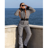 Серый теплый комбинезон с меховой опушкой