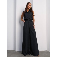 Льняной черный комбинезон с брюками палаццо