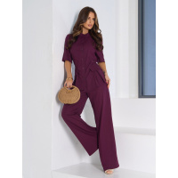 Льняной брючный костюм цвета бургунди со сборками