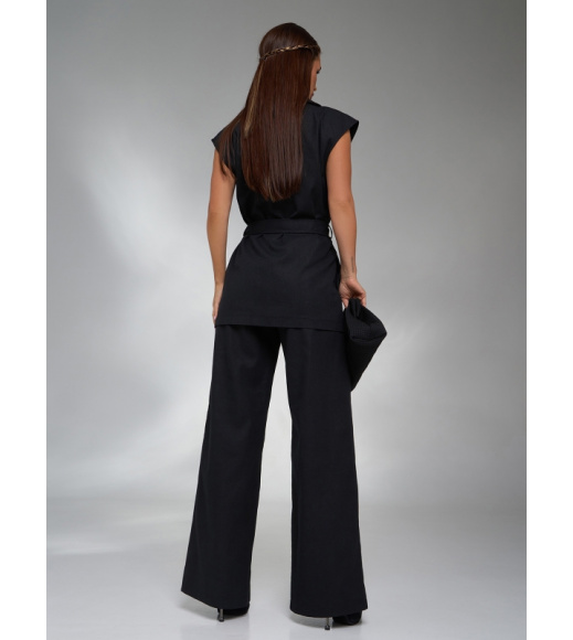 Черный льняной костюм с удлиненным жилетом