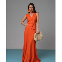Оранжевый льняной костюм с длинной юбкой