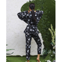 Черный принтованный костюм с брюками и кимоно