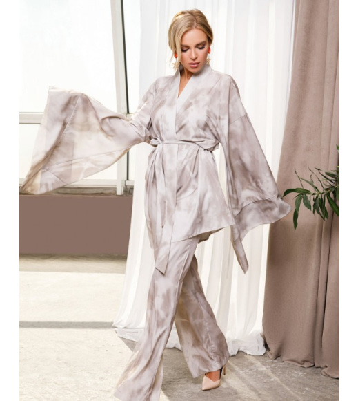 Коричневый принтованный брючный костюм с кимоно