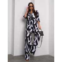 Бело-черный хлопковый брючный костюм с рубашкой