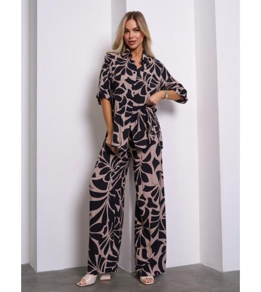 Хлопковый брючный костюм черно-коричневого цвета с разрезами