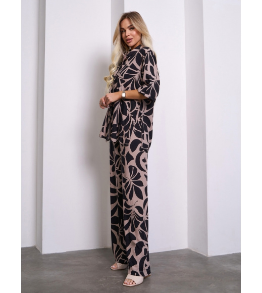 Хлопковый брючный костюм черно-коричневого цвета с разрезами