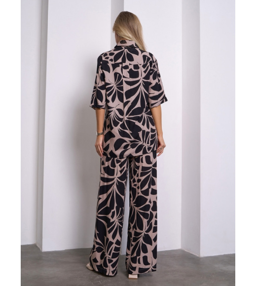 Хлопковый брючный костюм черно-коричневого цвета с разрезами