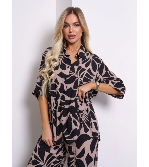 Хлопковый брючный костюм черно-коричневого цвета с разрезами