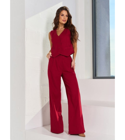 Бордовый льняной костюм с жилетом