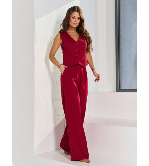Бордовый льняной костюм с жилетом