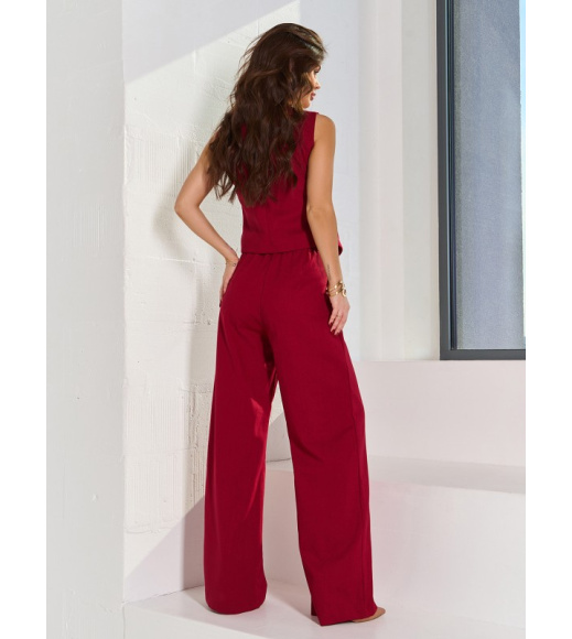Бордовый льняной костюм с жилетом