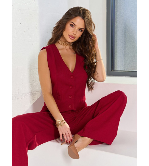 Бордовый льняной костюм с жилетом