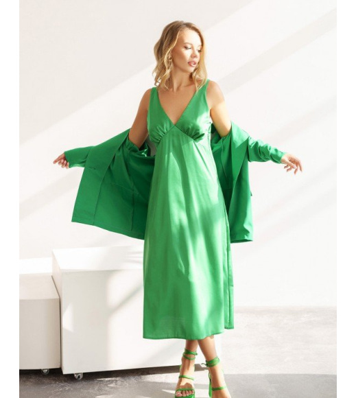 Зеленое платье-комбинация с жакетом