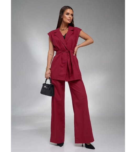 Бордовый льняной костюм с удлиненным жилетом