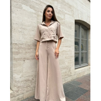 Льняной бежевый костюм с брюками палаццо