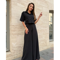Льняной черный костюм с брюками палаццо
