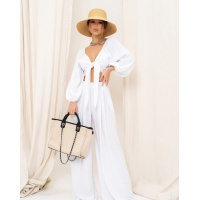 Белый льняной брючный костюм с топом