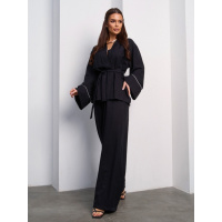 Черный льняной костюм-кимоно с блузой на запах