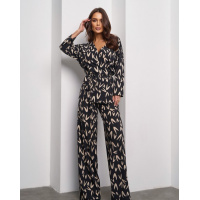 Черно-бежевый брючный костюм-кимоно