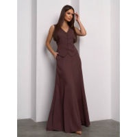 Темно-коричневый льняной костюм с длинной юбкой