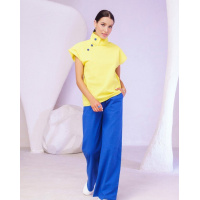 Желто-синий хлопковый брючный костюм с блузой