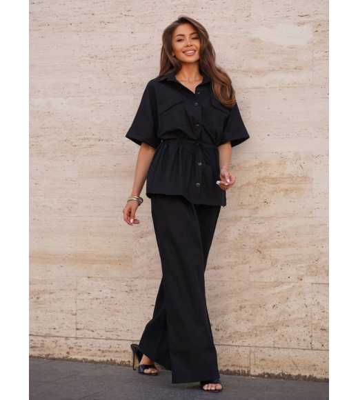 Черный льняной костюм на кулиске