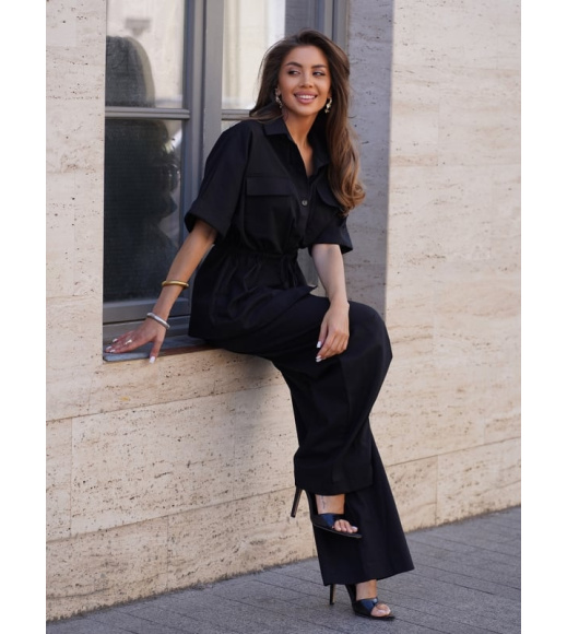 Черный льняной костюм на кулиске