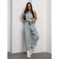 Льняной брючный костюм оливкового цвета с топом