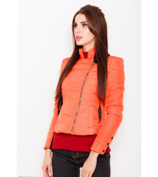 Оранжевая стеганая куртка с асимметричной молнией и черным съемным меховым воротником-стойкой