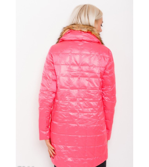 Розовая стеганая удлиненная теплая куртка со съемным меховым воротником
